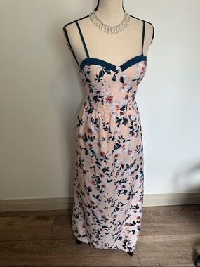 Band of Gypsies Pink Floral Smocked Maxi Dress with Navy Accents Small Bustier